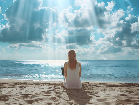 A young woman is sitting on a sandy beach facing the sea using her laptop