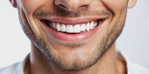 Close-up of a male face's lower half, showcasing a bright, charming smile with flawless teeth, perfectly framed by a strong chin and nose against a pure white background.