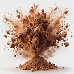Explosion of rich cocoa powder and dry milk in mid-air, creating a cloud of creamy brown dust, with particles suspended against a white background.
