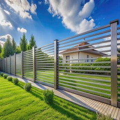 Fototapeta premium Modern horizontal metal fence with sleek silver bars and sturdy posts, surrounding a serene yard area and lush green gardens under a clear blue sky.