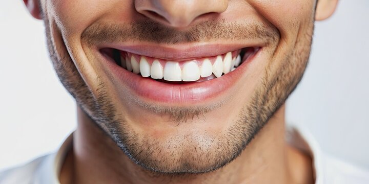 Close-up of a male face's lower half, showcasing a bright, charming smile with flawless teeth, perfectly framed by a strong chin and nose against a pure white background.