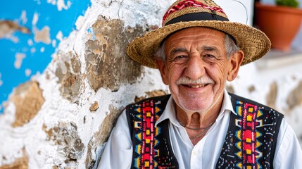 Senior European individual in an elegant modernized traditional outfit captured in high detail posing in a studio Stock Photo with copy space