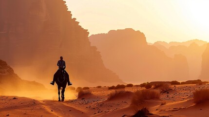 Obraz premium A lone rider on horseback traverses a desert landscape bathed in the warm hues of a glowing sunset, with looming rock formations in the background, suggesting a journey's end.
