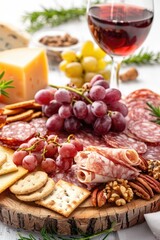 A serene photograph of a French cheese and charcuterie board with assorted cheeses, meats, and grapes, elegant and inviting, side view.