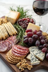 A serene photograph of a French cheese and charcuterie board with assorted cheeses, meats, and grapes, elegant and inviting, side view.