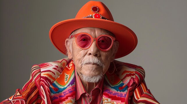 Elderly American person in a stylish contemporary outfit inspired by traditional designs blending culture and modern fashion Stock Photo with copy space