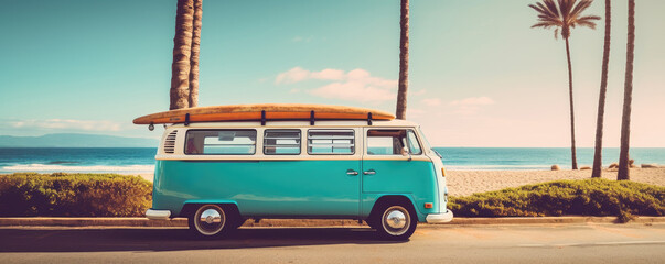 Vintage bus with surfboard at the beach with sea and blue sky on background. Blue camper van for travel.  Surfing time, extreme sport. Summer vacation. Retro backdrop for banner, poster, wallpaper