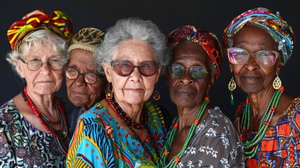 Group of elderly individuals from diverse ethnic backgrounds showcasing fashionable modern traditional attire posing confidently in a studio Stock Photo with copy space