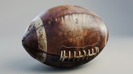 An image showcasing an old and weathered American football, with visible scratches and marks on its leather surface, resting on a plain, neutral background.