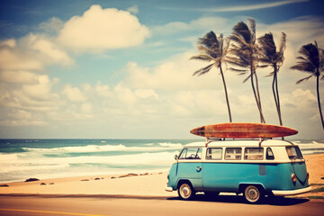 Vintage bus with surfboard at the beach with sea and blue sky on background. Blue camper van for travel.  Surfing time, extreme sport. Summer vacation. Retro backdrop for banner, poster, wallpaper