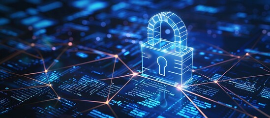 Blue background, digital padlock and network icon, concept of data protection for business security in telecommunication,