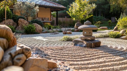 zen garden, a peaceful zen garden with a single stone lantern and meticulously raked gravel, ideal for meditation and relaxation