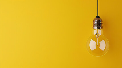 A single hanging light bulb displayed against a yellow background, symbolizing creativity or the concept of a bright idea.