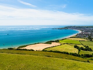Swanage from Ballard Cliff from a drone, Jurassic Coast, Dorset Coast, Poole, England