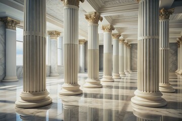 Fototapeta premium Sleek white marble pillars with intricate details rise from a polished floor, set against a neutral background in a luxurious architectural interior scene.