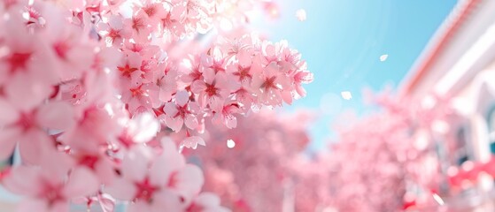 Beautiful cherry blossom trees in full bloom under a bright blue sky, capturing the essence of springtime and natural beauty in vivid detail.