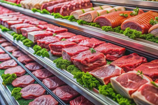 Fresh organic raw red meat assortment on display in a modern supermarket's meat department with empty space for text or design, appealing to health-conscious consumers. - Powered by Adobe