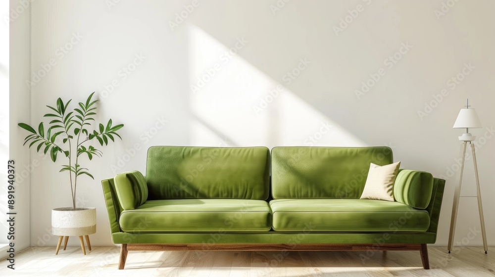 Wall mural Spacious living room with a comfortable green sofa and empty white wall for copy space