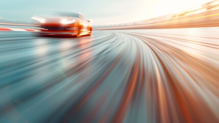 Blazing fast sports car speeding on a racetrack at sunset, creating a dynamic, motion blur effect for an exhilarating automotive image.