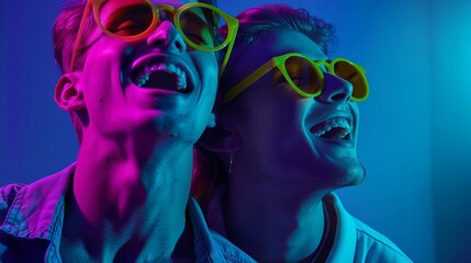 A futuristic and modern scene where two people share an intimate whisper under striking neon lighting, highlighting a connection or a secret in a vibrant setting.