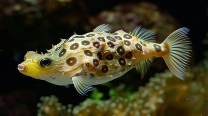Obraz premium A beautiful spotted pufferfish swimming gracefully in its natural habitat, showcasing its unique patterns and surrounded by underwater flora, highlighting aquatic life.