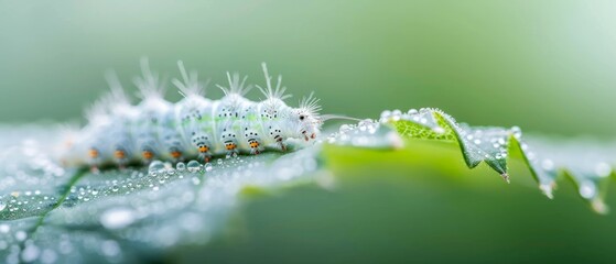 Fototapeta premium Close-up of a caterpillar on a dewy leaf with a soft green background, highlighting textures and details in a natural environment.