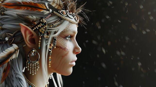 A fantasy character resembling an elf adorned with intricate jewelry and a decorated headdress made of feathers and beads, set against a glimmering black background.