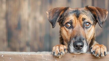 Homeless dog staring at camera with blank area