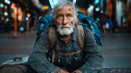 Obraz premium Elderly European individual with tattered clothes sitting on a city sidewalk showing visible signs of starvation and sadness Stock Photo with copy space