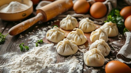 Fototapeta premium Handcrafted dumplings meticulously prepared and placed on a wooden surface, surrounded by essential ingredients like flour and eggs, ready for cooking.