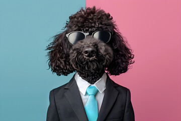 Stylish dog in a suit and sunglasses exudes confidence and charm. Perfect for business themes, marketing campaigns, and pet lover content. Offers ample copy space.