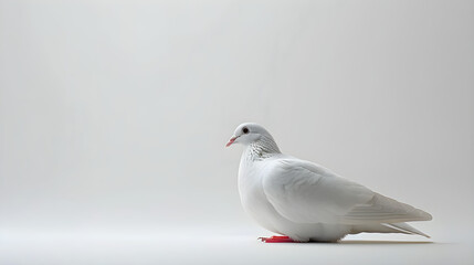 Obraz premium A serene white dove gracefully poses against a seamless white background, ideal for peace, love, and wedding themes. Perfect for greeting cards and inspirational content.