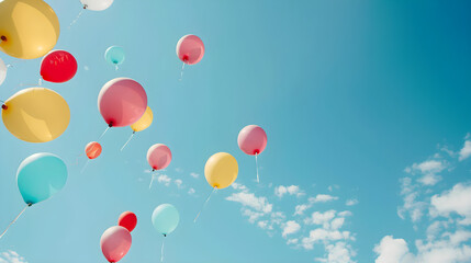 Colorful balloons drifting against a bright blue sky, evoke joy and celebration. Perfect for events, birthdays, or festive promotions. Offers ample copy space.