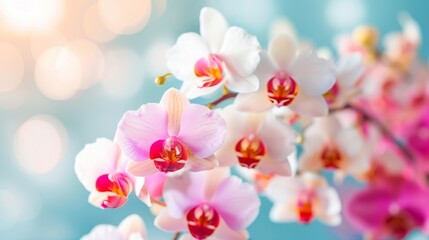 Close-up of beautiful pink and white orchids in full bloom against a sunny, bokeh background, showcasing the beauty of nature and springtime.