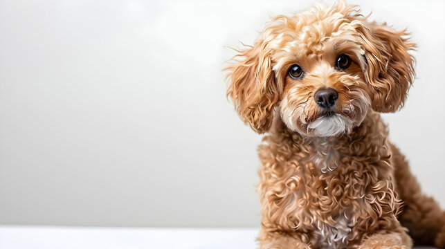 Adorable brown Maltipoo dog with expressive eyes, perfect for pet-related marketing, greeting cards, and more. Ample copy space for text overlay.