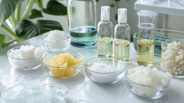 Different cosmetic chemicals on white lab table Carnauba Wax Candelilla Wax Microcrystalline wax Nickle chloride alcohol