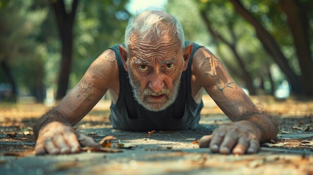 Homeless elderly American person with no clothes lying on the ground in an urban park looking visibly starved and sad Stock Photo with copy space