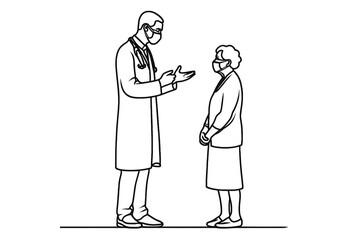 Continuous drawings of a medical consultation dialogue between a professional doctor Health and a granny painting. Wellness Graphic Illustration concept.
