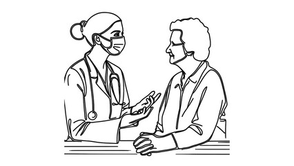 Continuous drawings of a medical consultation dialogue between a professional doctor Health and a granny painting. Wellness Graphic Illustration concept.