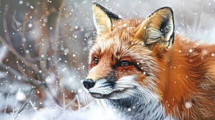 Fototapeta premium A red fox stands amidst a snowy landscape, with delicate snowflakes falling around it. The image captures the essence of winter wildlife in a serene and tranquil setting.