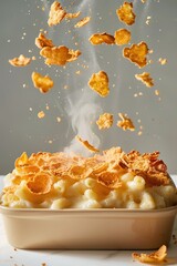 A vibrant photograph of breadcrumbs being sprinkled over a dish of baked macaroni and cheese, delicious and inviting, side view.