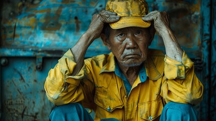 Obraz premium Distressed elderly Asian person with tattered clothing sitting in a city alley tears streaming down their face Stock Photo with copy space