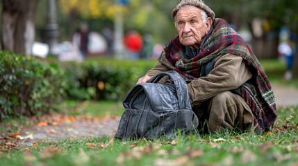 Obraz premium Homeless elderly American individual with no clothes sitting in a rural park looking visibly sad and starving Stock Photo with copy space
