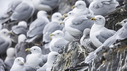 Fototapeta premium Seagulls gathering closely on a rocky shoreline, their interaction against the background of rocks and overcast skies creates a captivating natural scene.