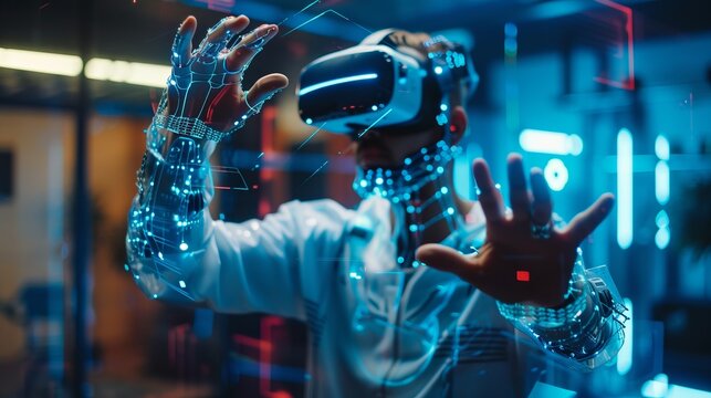 An individual using virtual reality technology in a lab environment, immersed in a digital interaction showcasing the blend of human and technological advancements.