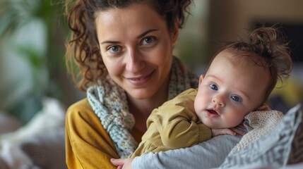 Obraz premium A smiling mother with curly hair holds her baby, who also has curly hair, in a cozy room, capturing a joyful and heartwarming moment that showcases their bonding and happiness.