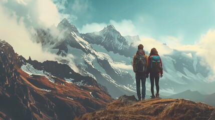 Fototapeta premium Two hikers standing on a rocky summit, overlooking snow-capped mountains and a dramatic sky, symbolizing adventure, triumph, and the beauty of the great outdoors.