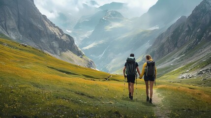Fototapeta premium A couple holding hands while hiking through a lush green valley surrounded by towering mountains under a bright sky, symbolizing adventure and companionship in nature.
