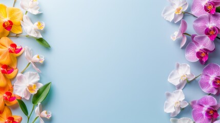 Fototapeta premium Colorful orchid flowers arranged on a light blue background, perfect for spring and summer themes with ample copy space.