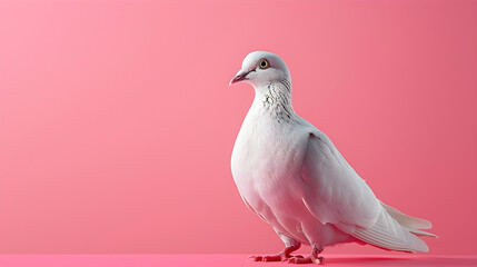 Fototapeta premium A stunning white dove stands against a vibrant pink background, symbolizing peace and love. Ideal for greeting cards, social media, and wellness marketing.